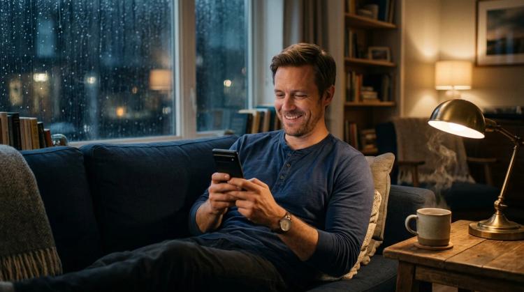 AI boyfriend in a navy henley relaxing on a sofa on a rainy evening, smiling at a message on his phone beside a mug of tea and a brass reading lamp