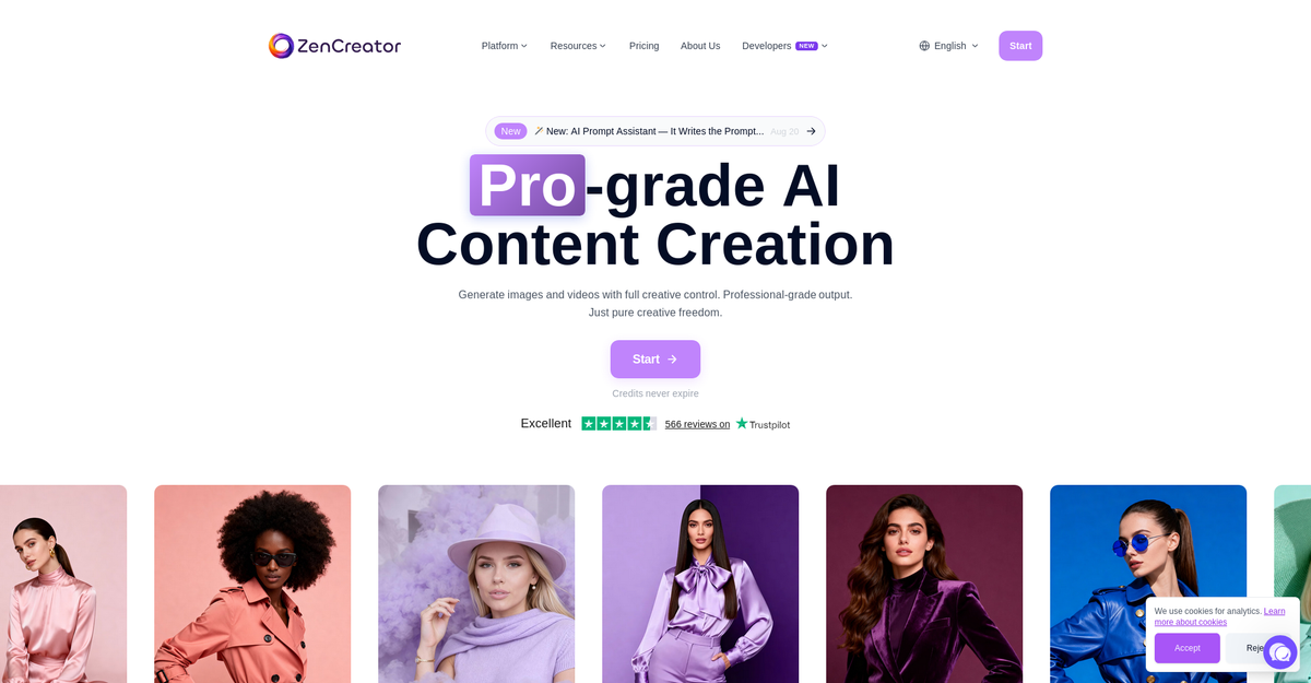 ZenCreator homepage marketed as pro-grade AI content creation