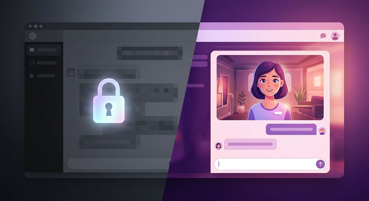 A locked, censored generic chatbot beside an open uncensored AI companion chat