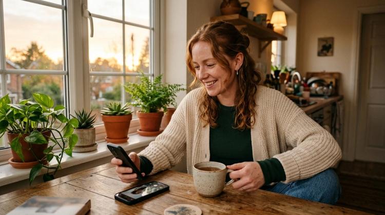 AI girlfriend with wavy auburn hair and a cream knit cardigan, smiling at her phone with a mug of tea at a sunlit kitchen table by a window full of plants