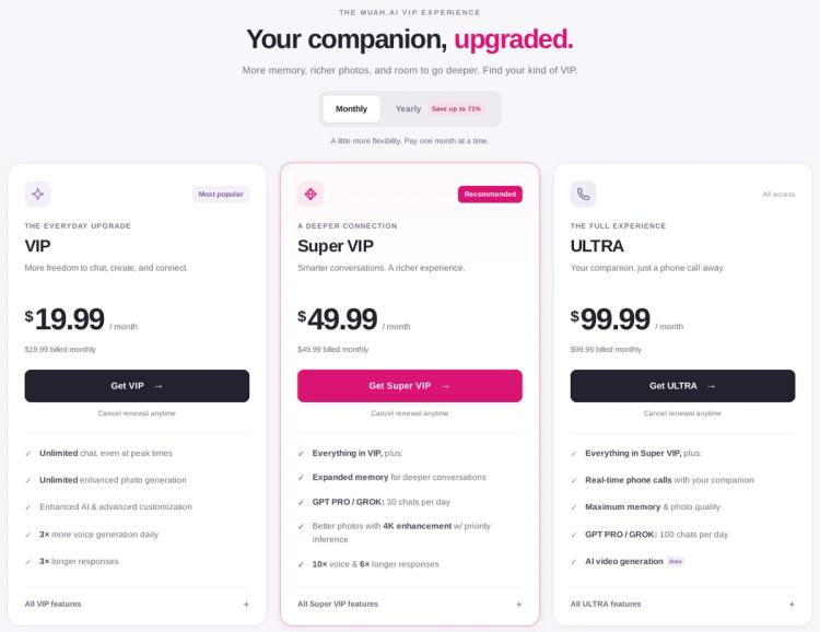 Muah AI VIP page with monthly prices: VIP at $19.99, Super VIP at $49.99 and ULTRA at $99.99 per month, with each plan's feature list