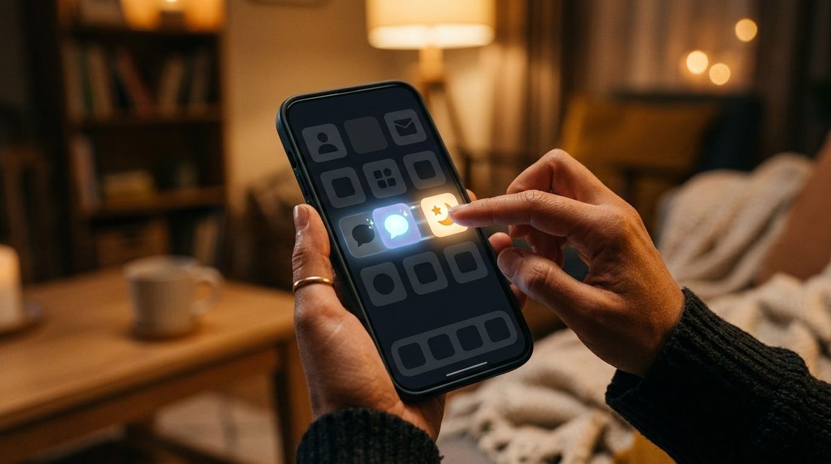 A hand moving a glowing chat app icon to a new app on a smartphone, representing switching from Character.AI