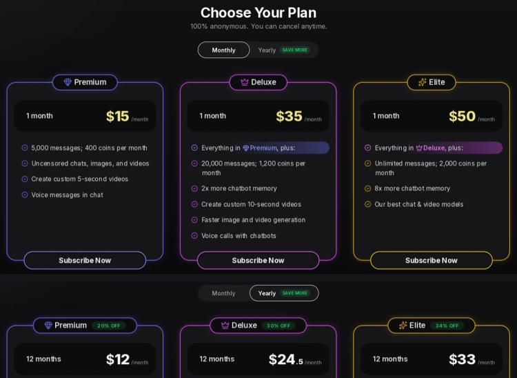 GirlfriendGPT plans page showing Premium at $15, Deluxe at $35 and Elite at $50 per month, with message limits, monthly coins, video length and memory for each, plus yearly prices of $12, $24.50 and $33 per month
