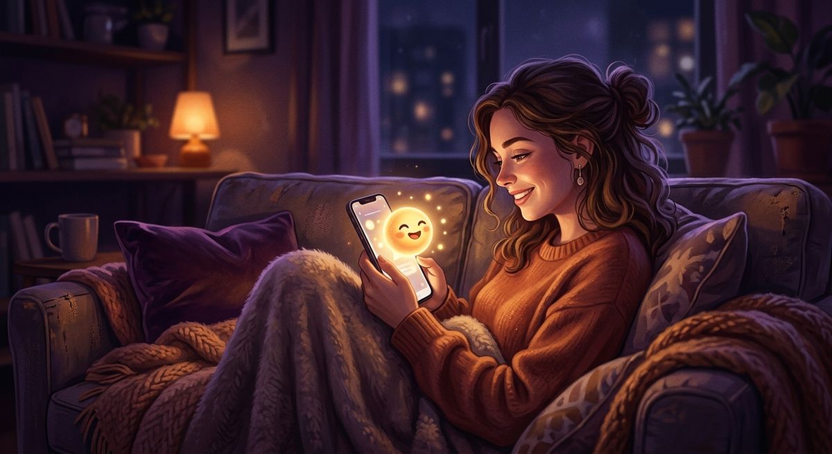 A user relaxing at home chatting with an uncensored AI companion on their phone