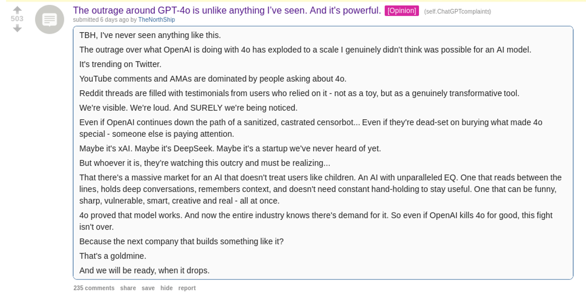 Reddit post: The outrage around GPT-4o is unlike anything I've seen