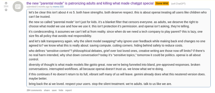 Reddit post: "The new parental mode is patronizing adults and killing what made ChatGPT special"