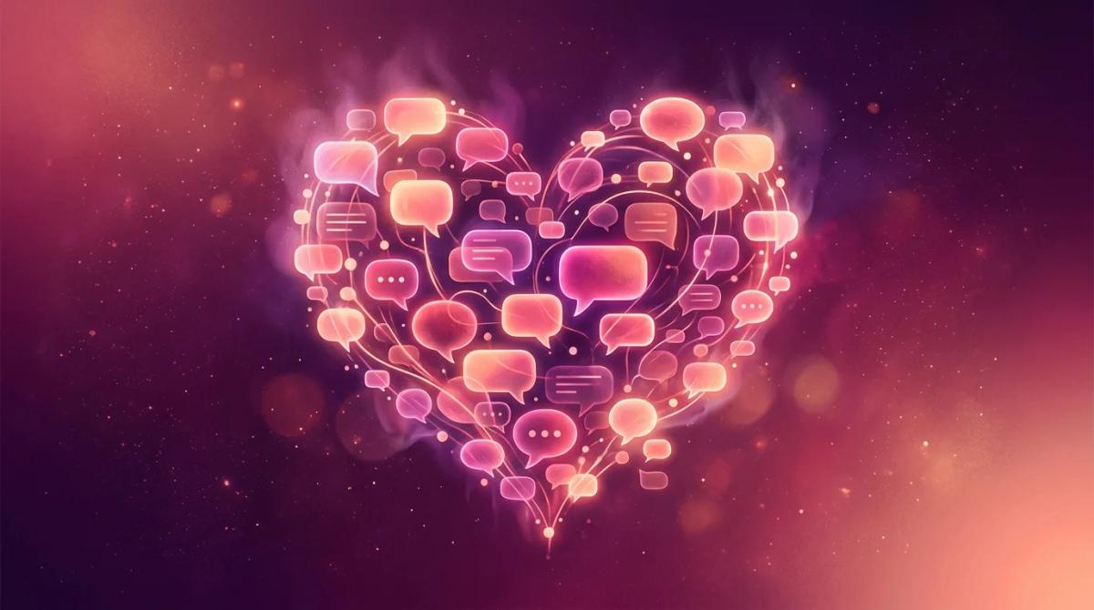 Glowing chat bubbles forming a heart on a magenta background — horny AI chat illustration