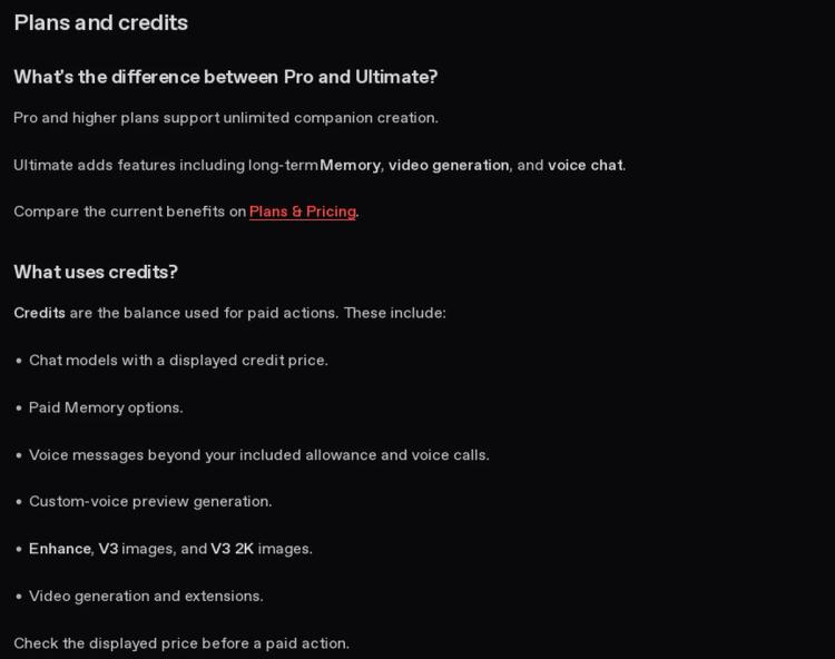 Nectar AI FAQ explaining that Ultimate adds long-term Memory, video generation and voice chat, and listing what uses credits: chat models, paid Memory, voice messages beyond the allowance, voice calls, custom voices, V3 images and video
