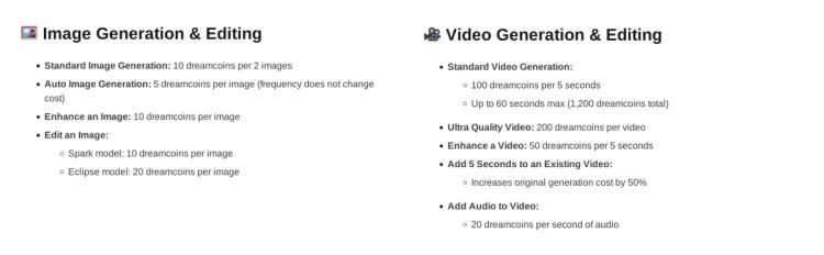 OurDream AI help center coin cost guide listing image generation at 10 Dreamcoins per 2 images and standard video at 100 Dreamcoins per 5 seconds, up to 60 seconds for 1,200 Dreamcoins
