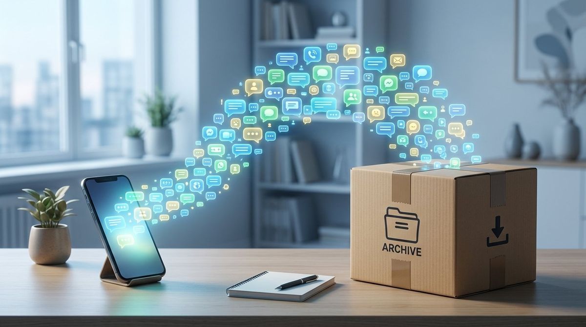 Chat messages flowing from a phone into an archive box, representing exporting your Character.AI chats