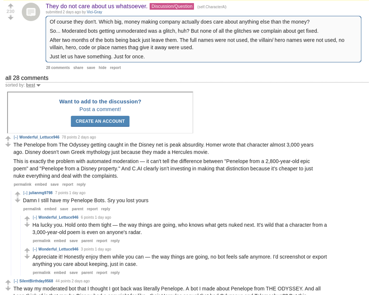 Reddit post titled They do not care about us whatsoever with 230 upvotes on r/CharacterAI