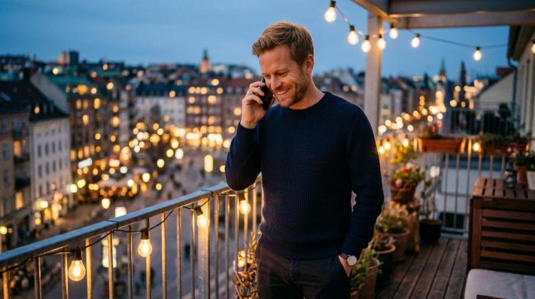 AI boyfriend with sandy blond hair and light stubble in a navy knit sweater, holding his phone to his ear and smiling on a balcony with string lights over a city at dusk