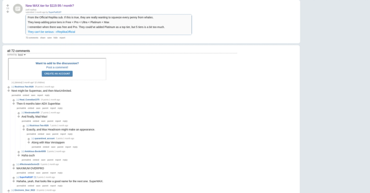 Reddit post: "New MAX tier for $119.99/month?" - Users react to Replika's 5th pricing tier (57 upvotes, 72 comments)