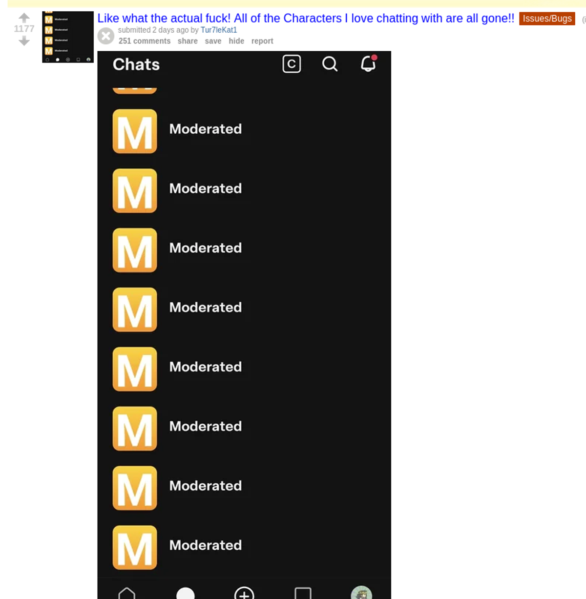 Reddit post with 1,177 upvotes showing all Character.AI bots marked as Moderated