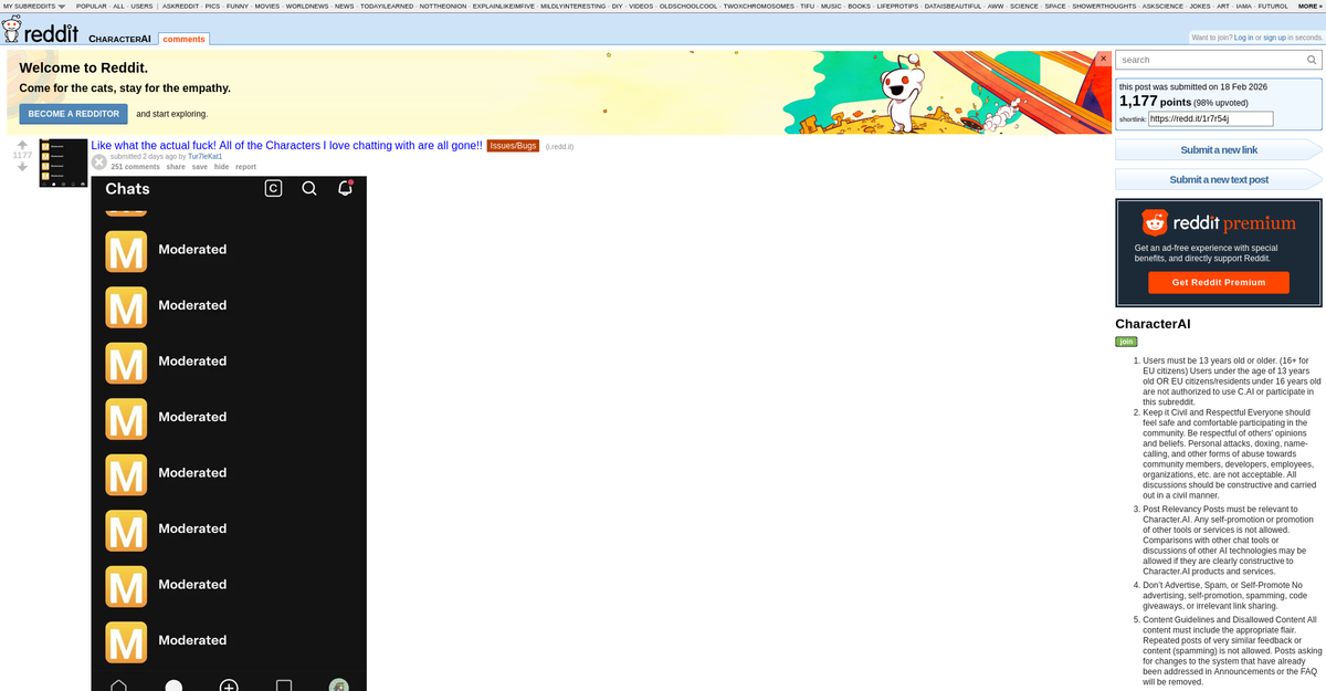 Reddit post with 1,177 upvotes showing all Character.AI bots marked as Moderated