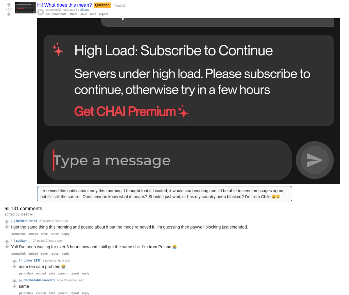 Reddit post from Chilean user showing Chai AI High Load subscribe to continue screen
