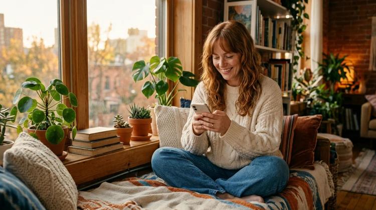 AI companion with auburn hair and freckles in a cream knit sweater smiling at her phone on a window seat in a loft apartment at golden hour