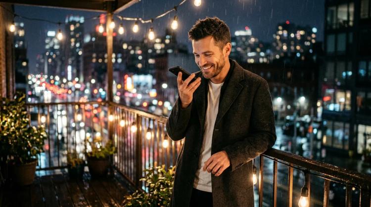 AI boyfriend in a charcoal wool coat smiling while listening to a voice message on his phone on a rainy city balcony with string lights at night