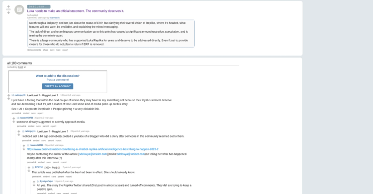 Reddit post: "Luka needs to make an official statement. The community deserves it." - 609 upvotes, 183 comments about ERP removal