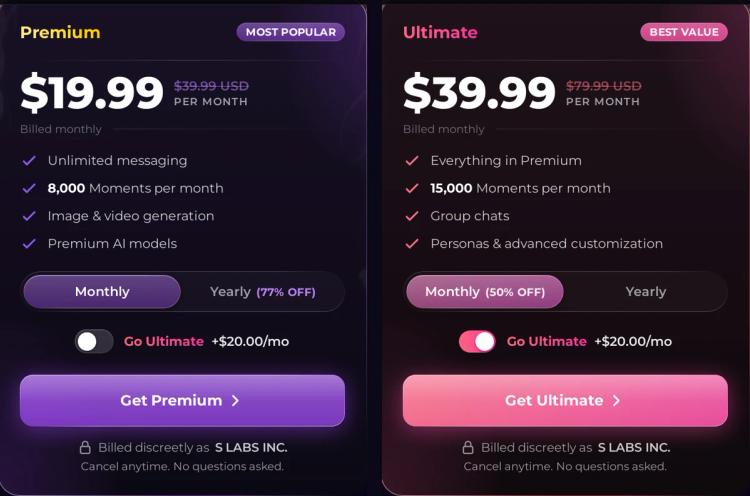 Secrets AI store showing the Premium plan at $19.99 per month with unlimited messaging and 8,000 Moments, next to the Ultimate plan at $39.99 per month with 15,000 Moments, group chats and personas