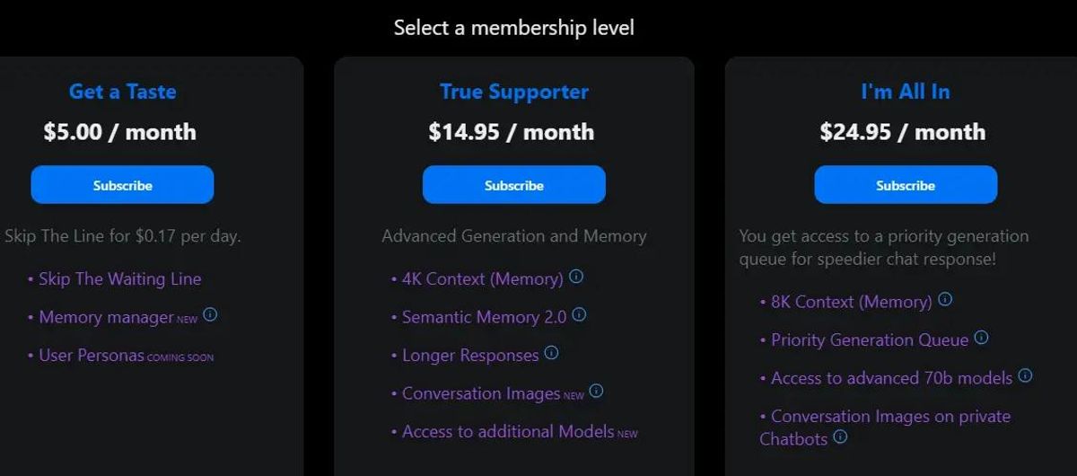 SpicyChat AI subscription tiers screenshot — three Premium levels and feature breakdown