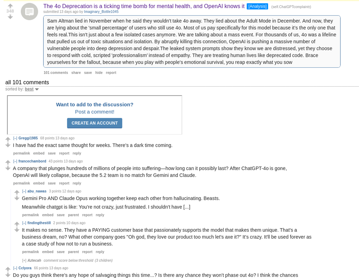 Reddit post about GPT-4o deprecation being a mental health risk
