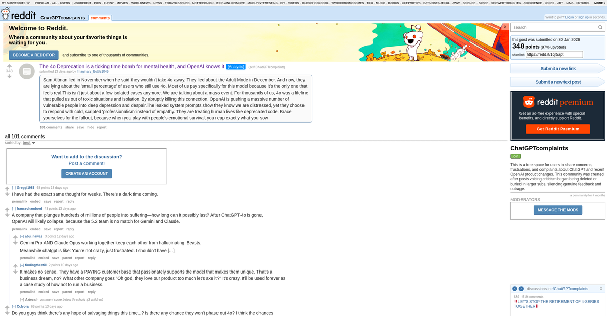 Reddit post about GPT-4o deprecation being a mental health risk