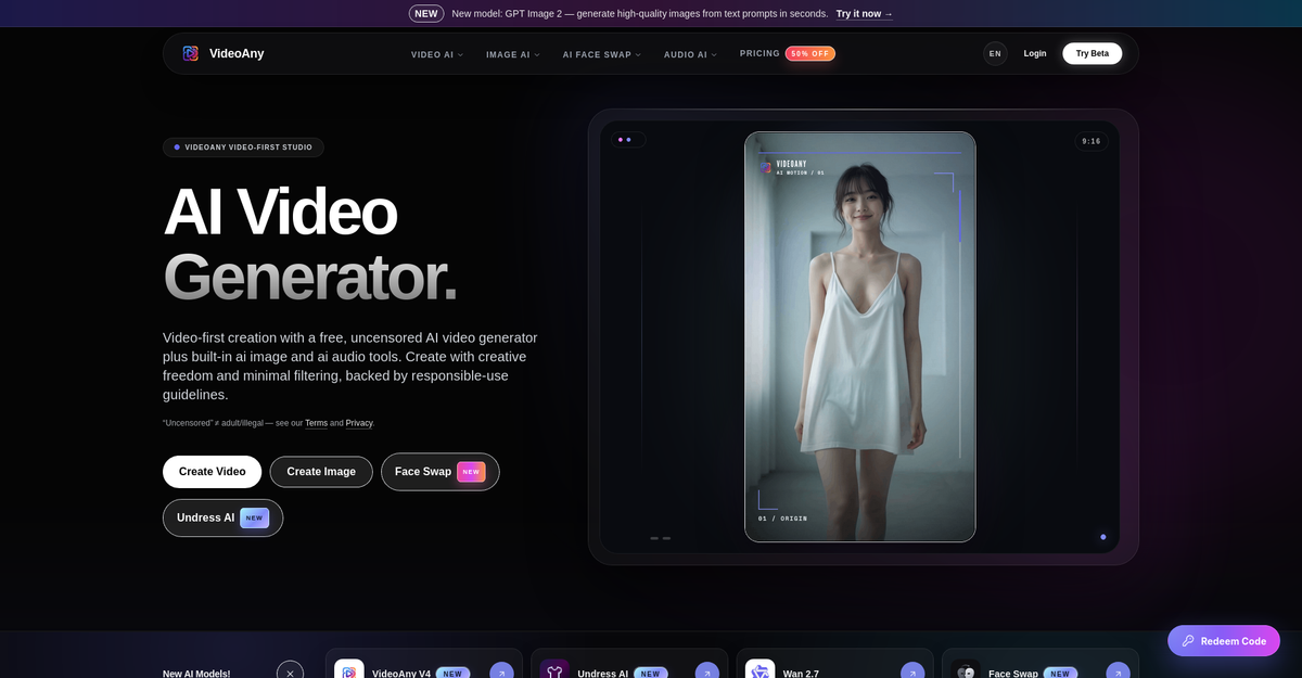 VideoAny homepage showing its uncensored AI video generator hero copy alongside a disclaimer that uncensored does not mean adult