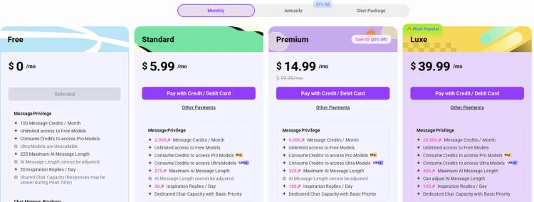 Crushon AI pricing page showing Free, Standard $5.99, Premium $14.99 and Luxe $39.99 monthly plans with message credit limits