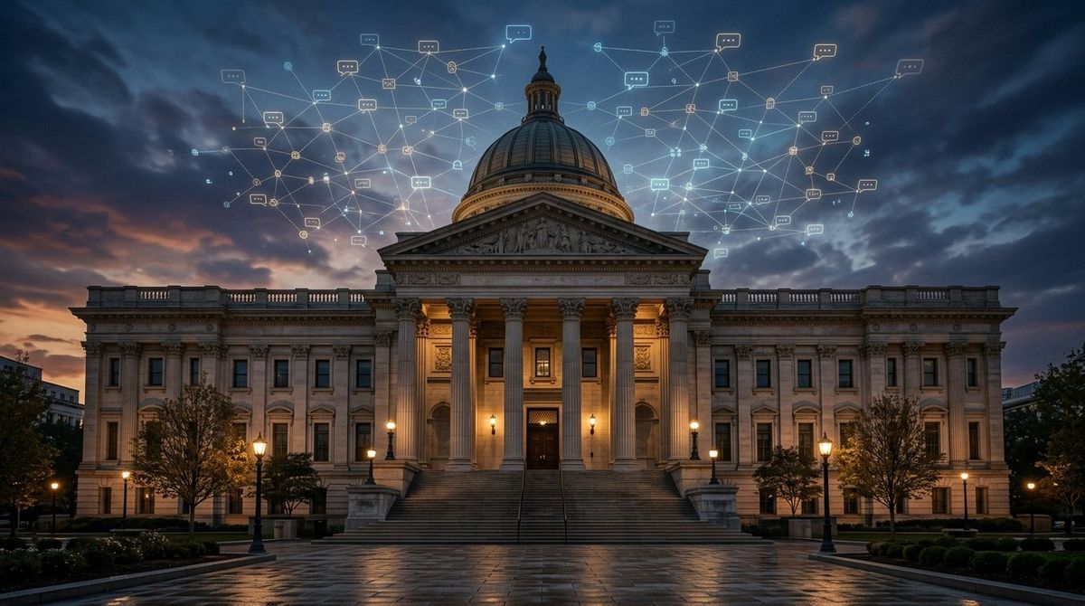 A courthouse at dusk with a network of chat bubbles above it, representing Character.AI’s court-supervised sale