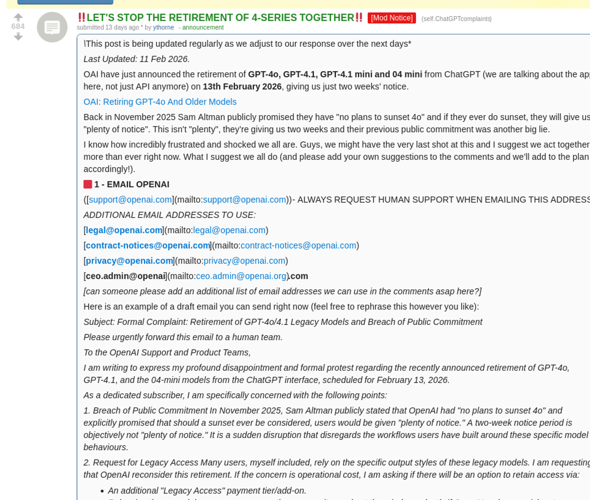 Reddit community organizing to stop the GPT-4o retirement
