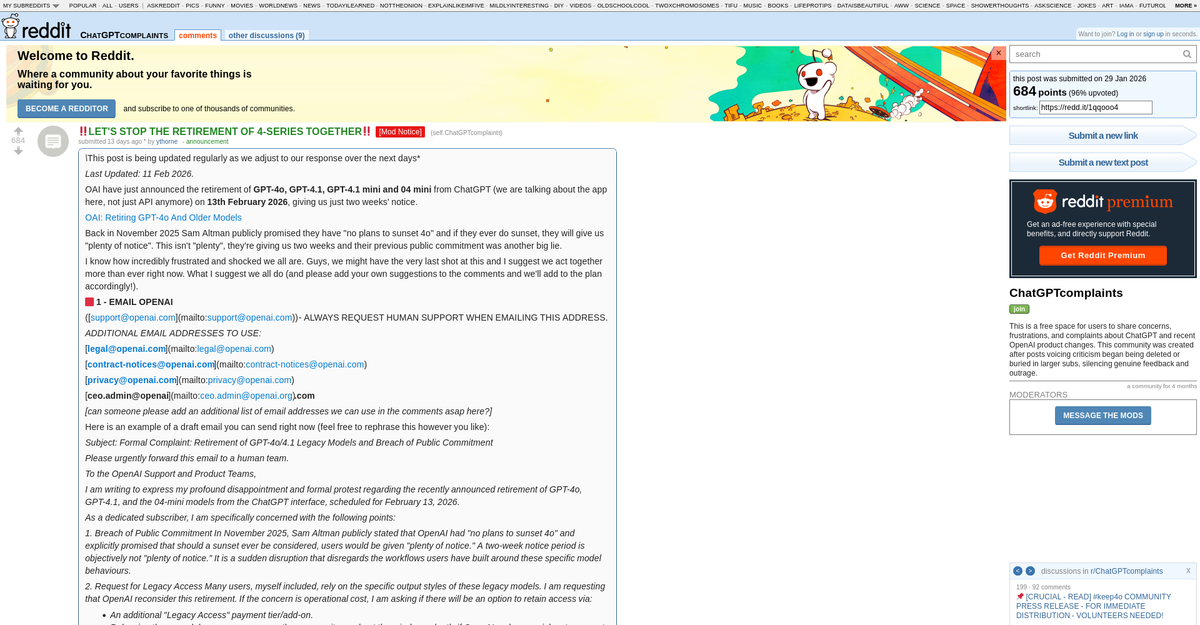 Reddit community organizing to stop the GPT-4o retirement