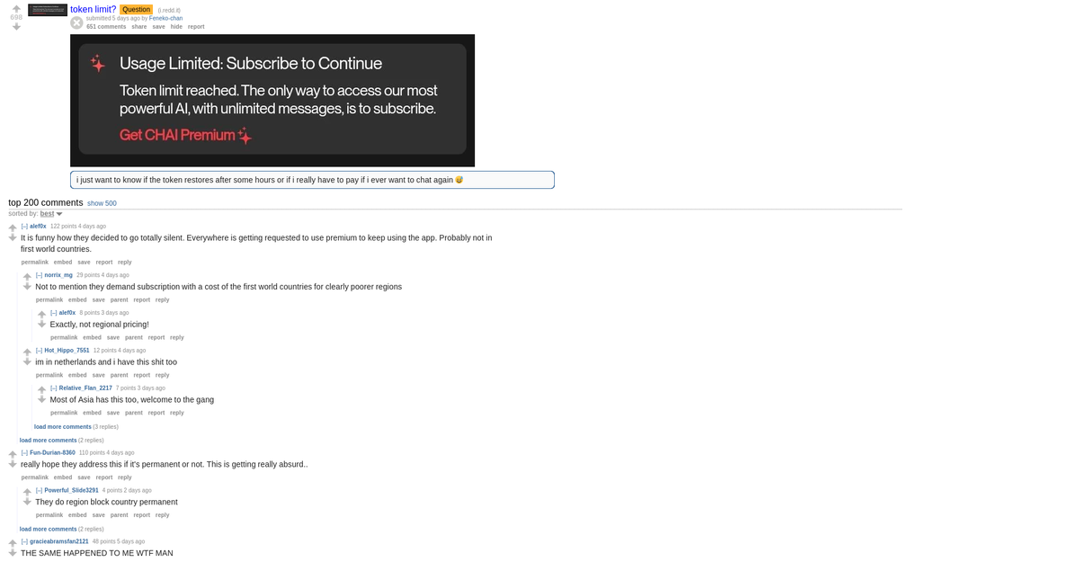 Reddit post showing Chai AI token limit paywall screen with user complaints about being forced to subscribe