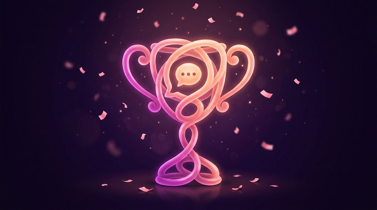Glowing chat-bubble trophy illustration in magenta and peach