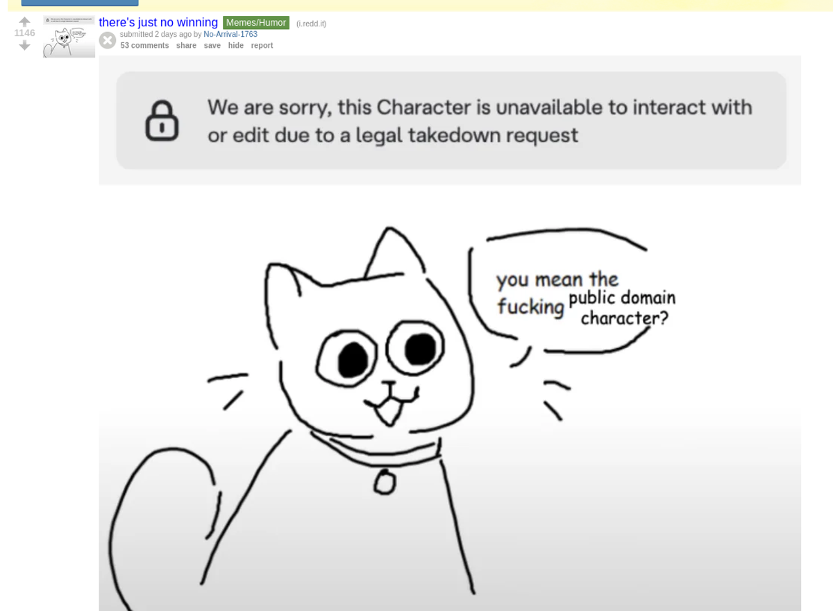 Reddit post showing a public domain character taken down by Character.AI legal takedown with 1,146 upvotes