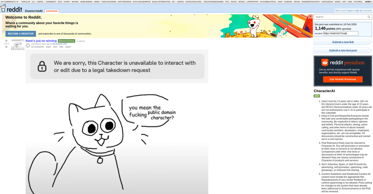 Reddit post showing a public domain character taken down by Character.AI legal takedown with 1,146 upvotes