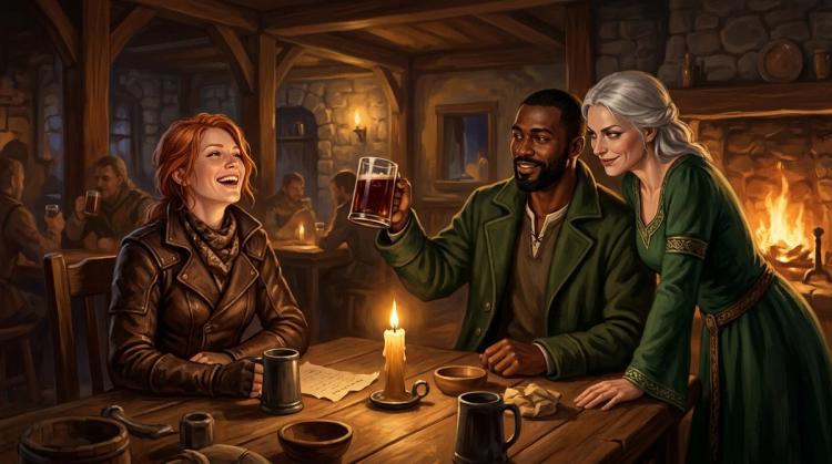 Three adult fantasy characters laughing and raising a glass around a candlelit tavern table, illustrating a multi-character roleplay scene