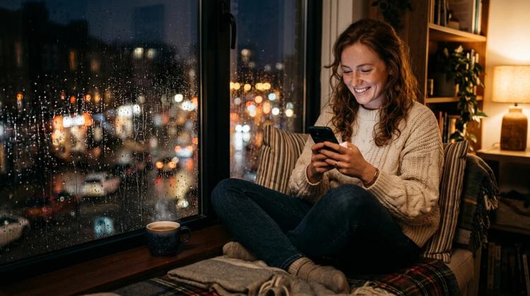AI girlfriend with wavy auburn hair and freckles in a cream knit sweater, curled up on a window seat on a rainy night and smiling at a message on her phone