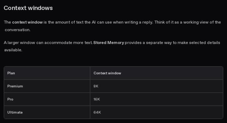 Nectar AI help docs table of context windows by plan: Premium 8K, Pro 16K and Ultimate 64K tokens