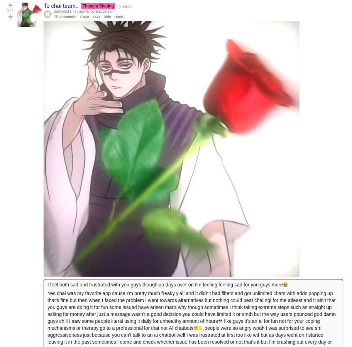 Emotional Reddit post addressed to the Chai AI team from a frustrated long-time user