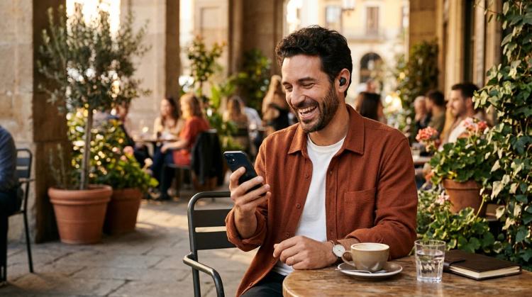 AI boyfriend with dark curly hair and a beard in a rust overshirt, laughing at a voice message on his phone at a sunny cafe terrace