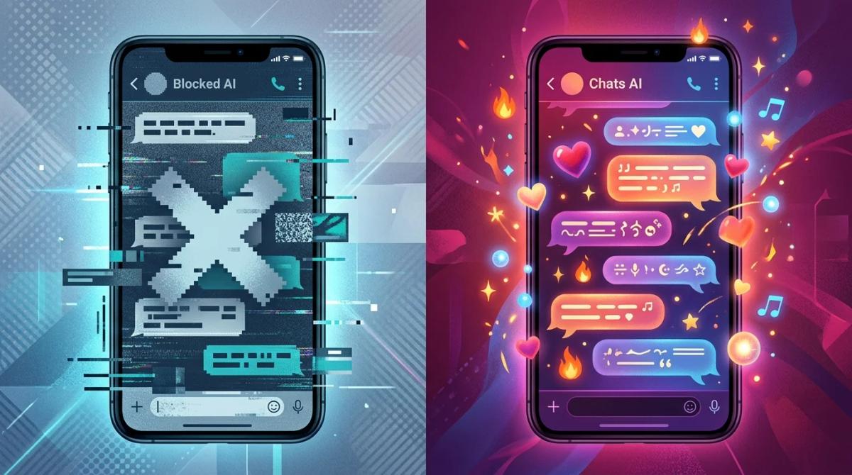 Censored vs uncensored AI chat interfaces side-by-side — horny AI comparison