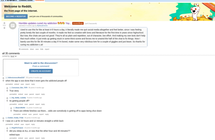 Reddit post about Character AI quality decline driving users away
