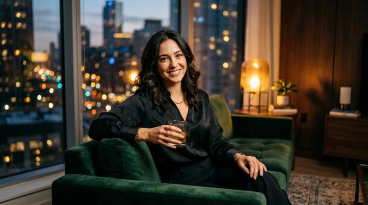 AI companion with dark wavy hair in a black silk blouse smiling on a green velvet sofa in a city apartment at night