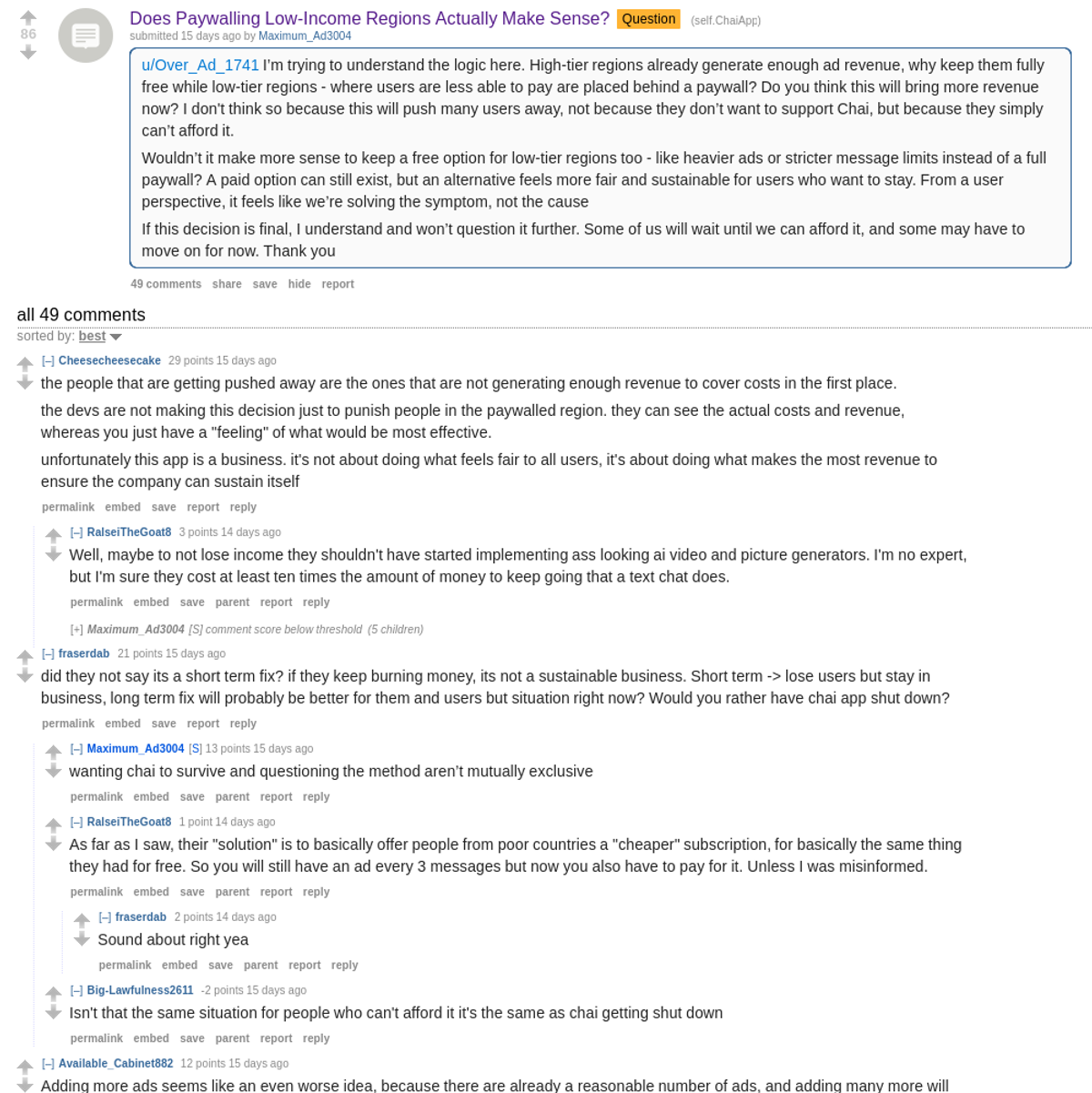 Reddit discussion about whether Chai AI paywalling low-income regions makes business sense