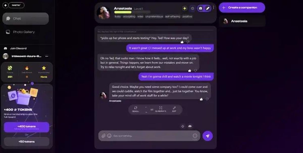 Nastia AI companion creation interface and chat screenshot