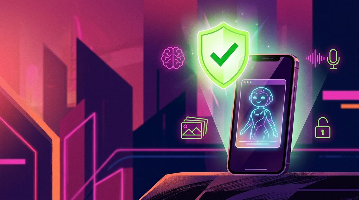 A checkmark shield over an AI companion with memory, voice, and image icons