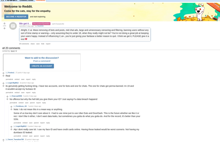 Reddit post listing all Character AI problems