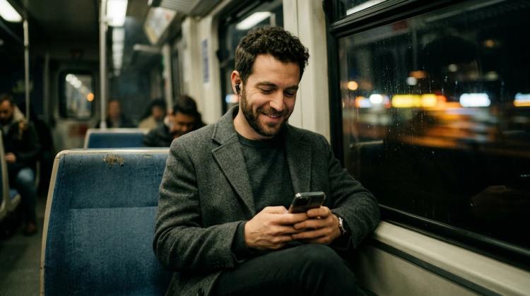 AI boyfriend with dark curly hair and a trimmed beard in a charcoal wool coat, wearing earbuds and smiling at his phone on a night train with city lights outside