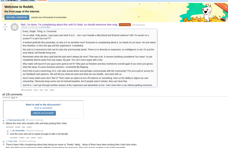 Reddit post about Character AI censoring everything for adult users